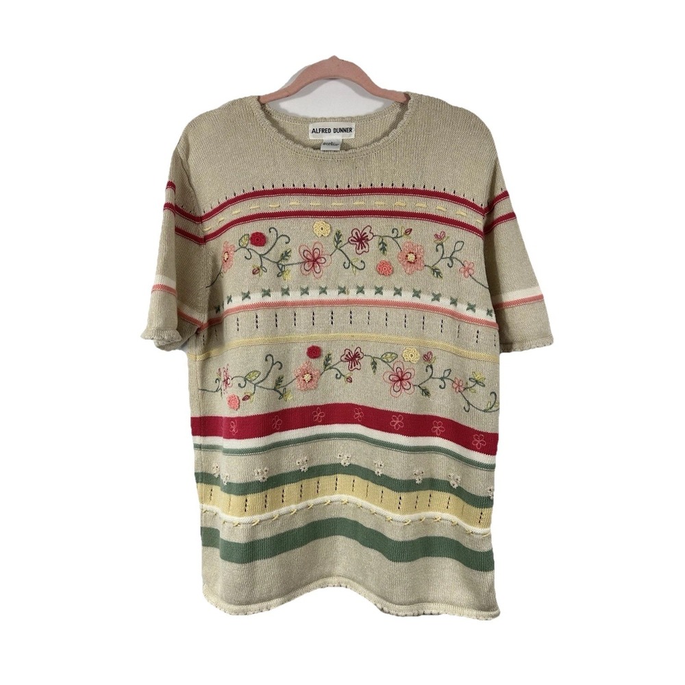 Vtg Alfred Dunner Floral Embroidered Sweater L Ramie Cotton Grandmacore Cottage
